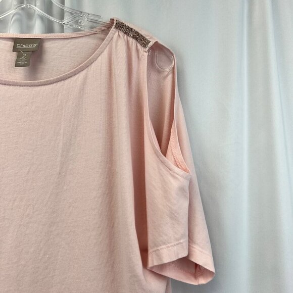Chico’s Women’s Cold Shoulder Short Sleeve Top Embellished Shoulder Pink Large - Picture 5 of 9